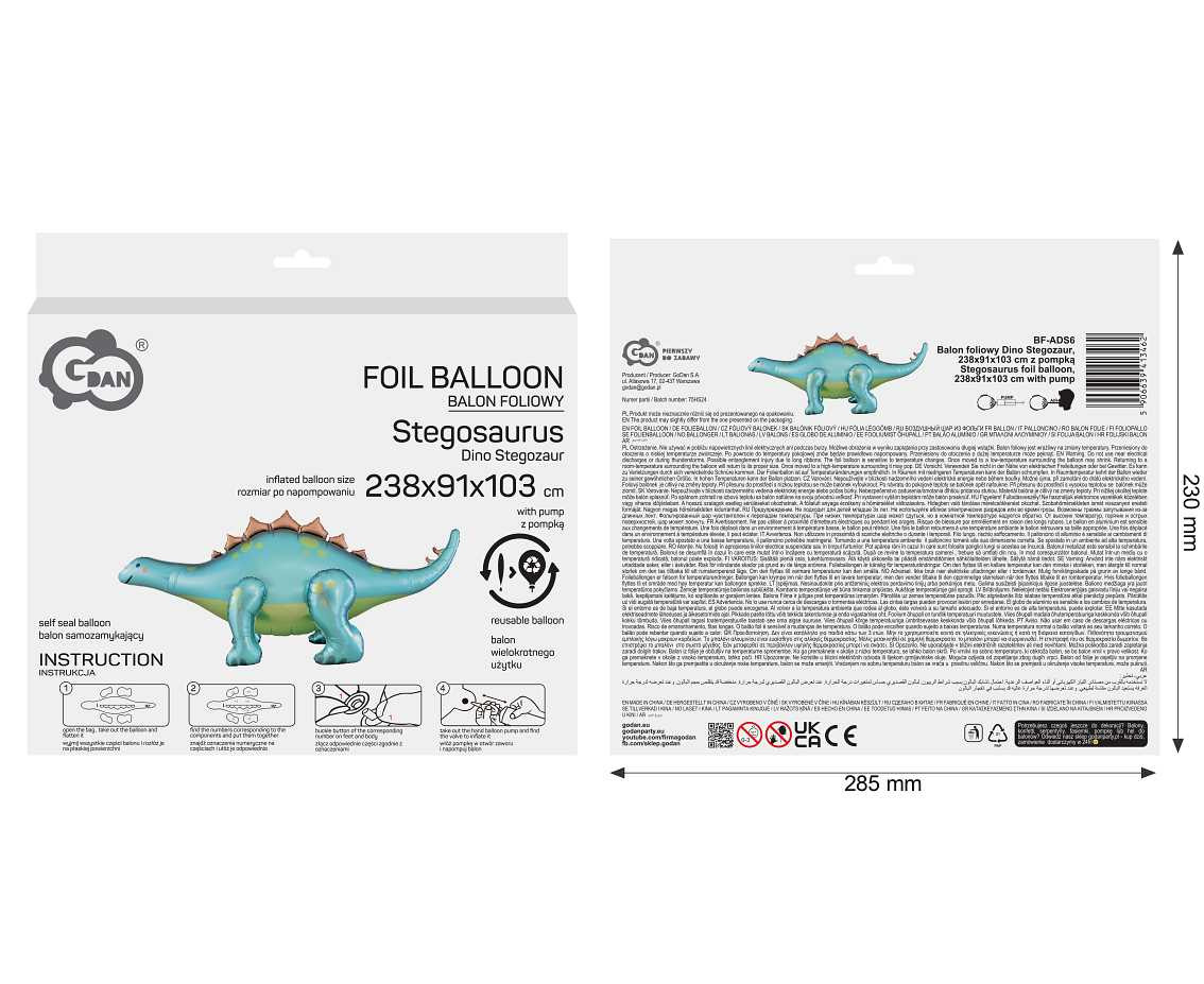Stegosaurus foil balloon, 238x91x103 cm with pump